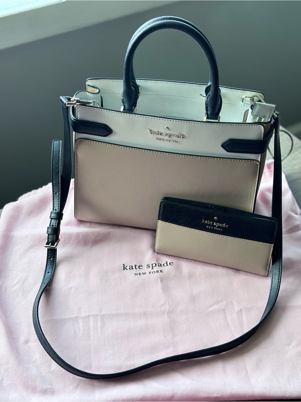 kate spade Two-Tone Black and Cream Satchel with Matching Card Wallet